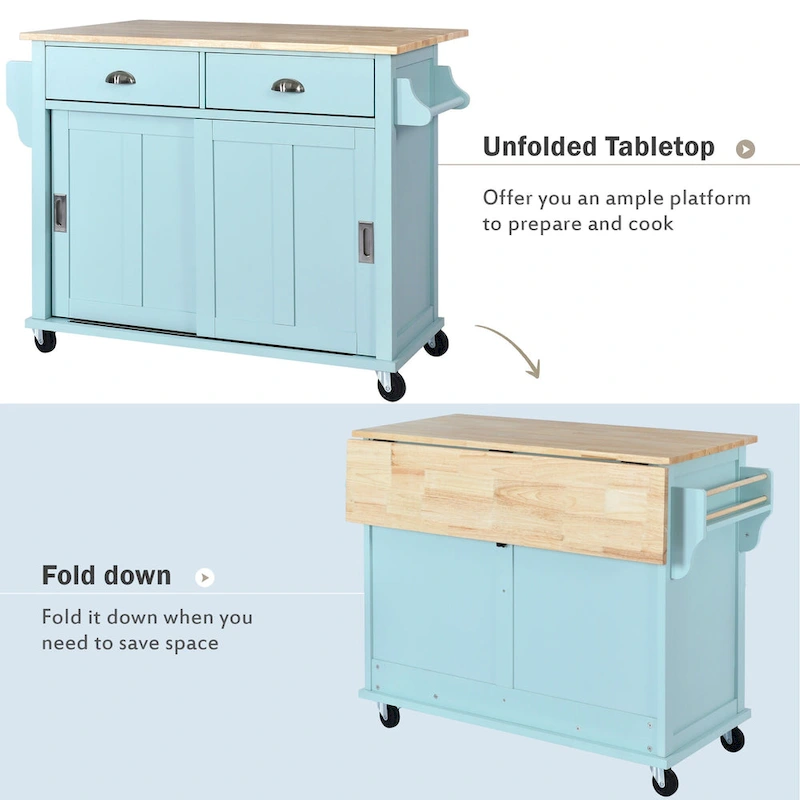 Kitchen Cart With Rubber Wood Drop-Leaf Countertop(no include stool)