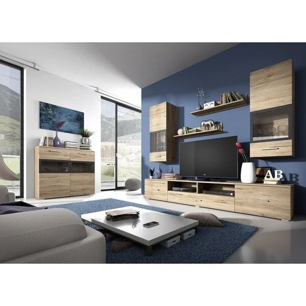 Semi-Gloss White / San Remo Oak Modern 2-Door Sideboard with Glass Display Cabinets & LED Lighting, 1-Person