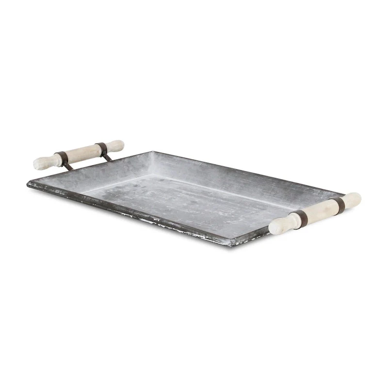 Gray Metal Galvanized Tray With Rolling Pin Handles