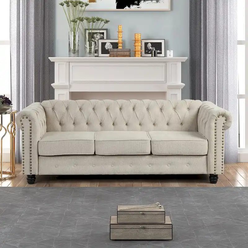 Linen Chesterfield Sofa with Button Tufted, Nailhead and Solid Wood Legs