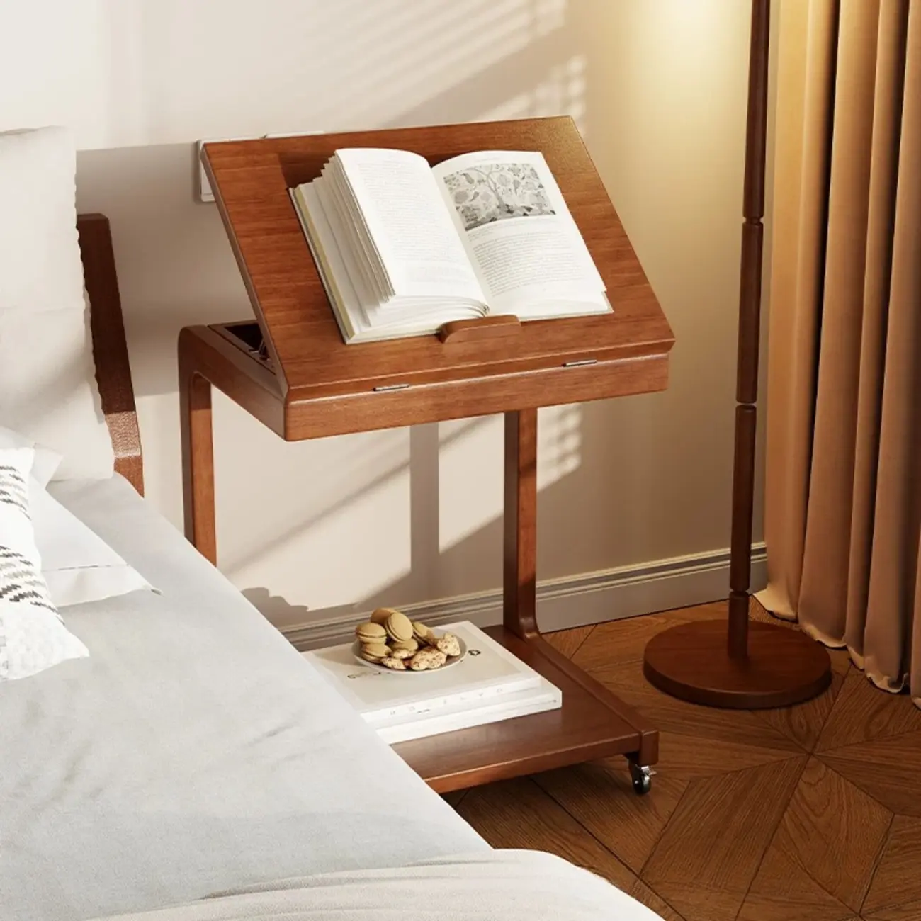 Adjustable Tabletop Wood C Shaped Side Table with Wheels