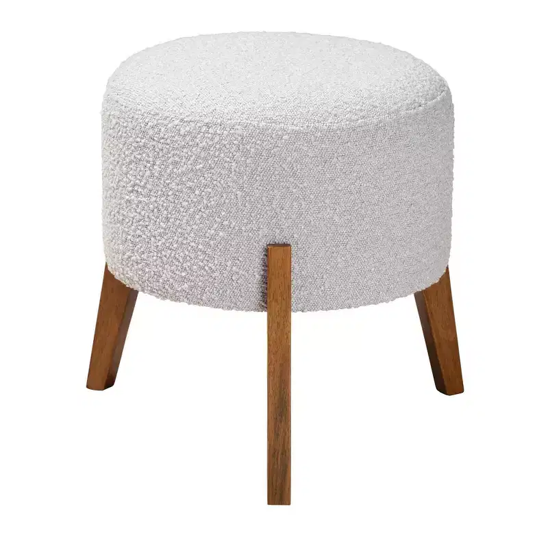 Elkie Fabric and Wood Ottoman Footstool Light Gray/Walnut Brown - Baxton Studio: Japandi Inspired, Boucle Upholstery, Tapered Legs