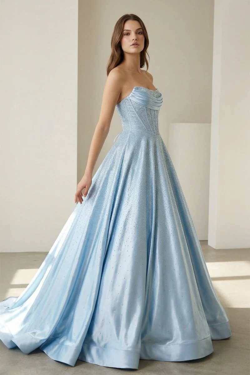 Sky Blue - Strapless A Line Satin Beaded Long Prom Dresses With Pockets