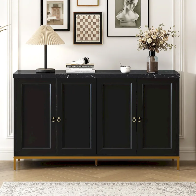 Black & Light Grey 4-Door Sideboard with Faux Marble Top - 59.3 Inch