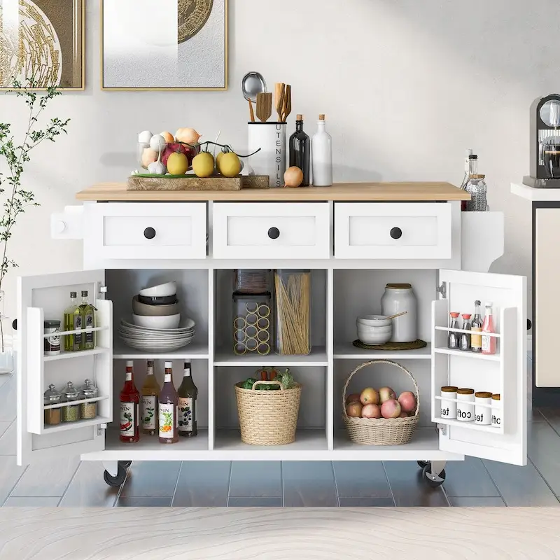 White Kitchen Island on 5 Wheels with Storage Cabinet and 3 Drawers