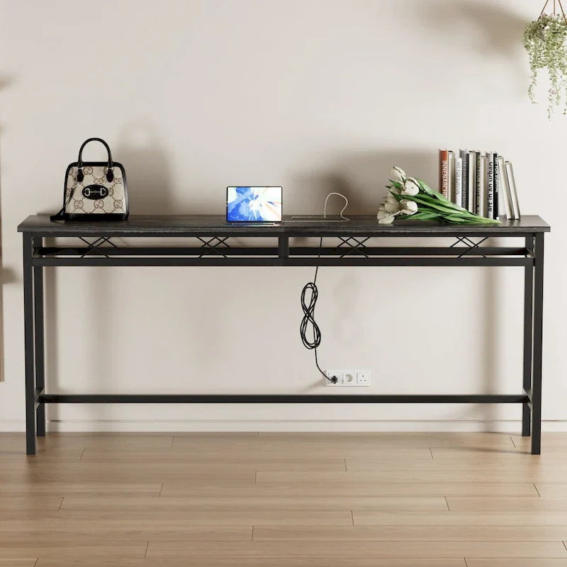 Console Table with Charging Station & USB Ports, Charcoal Gray