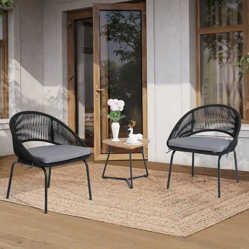 Luxurious 3-Piece Metal Woven Rope Outdoor Bistro Set with Gray Cushion & Coffee Table - 24.8*24.6*29.2 INCH