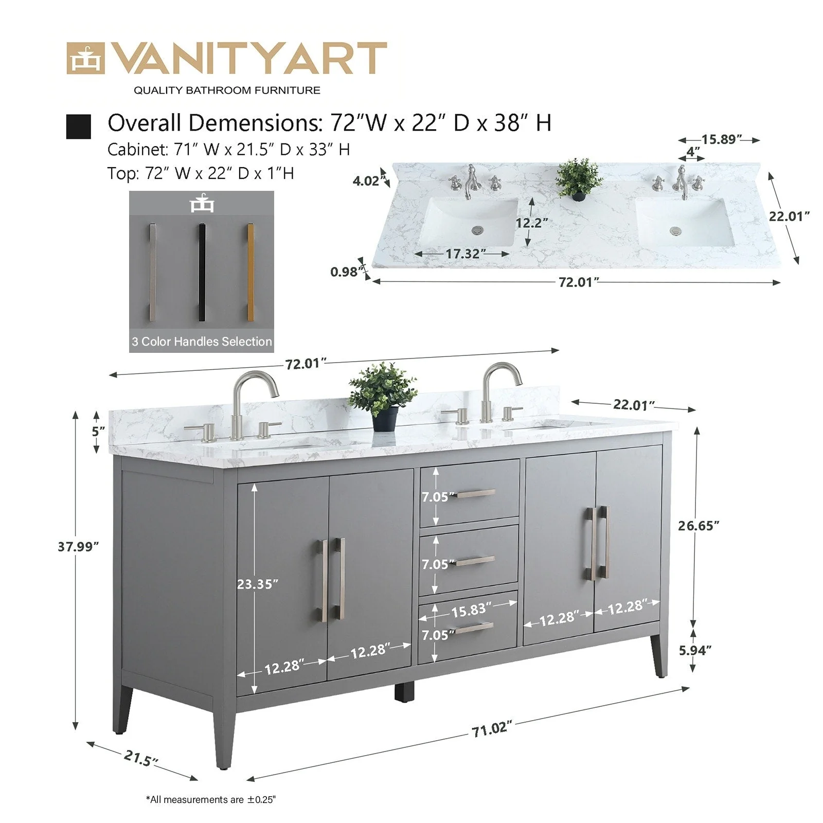 Vanity Art 72 Double Sink Bathroom Vanity Cabinet with Engineered Marble Top