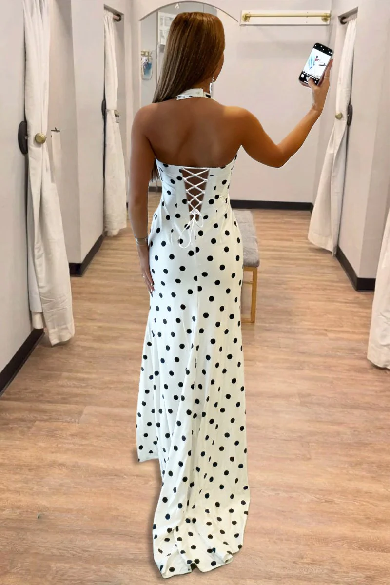 Black-White Halter Sheath Polka Dots Long Formal Prom Dresses With Slit