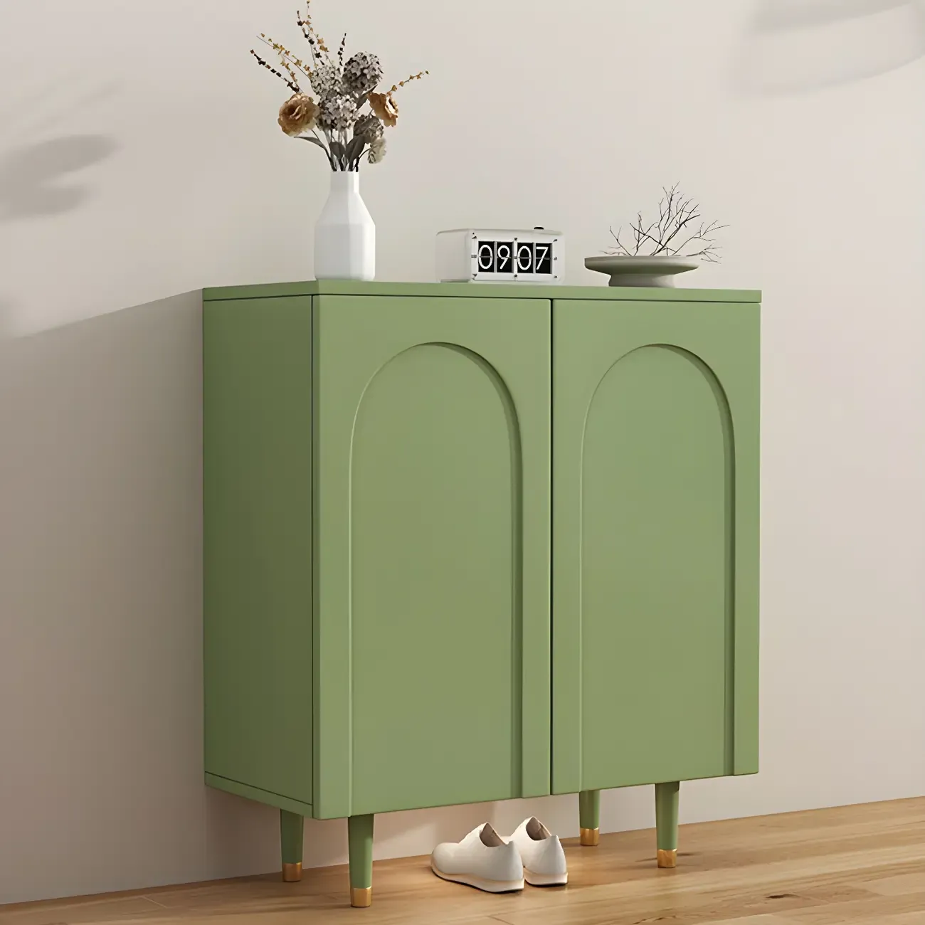 Green Wood Shoe Cabinet with Adjustable Shelves