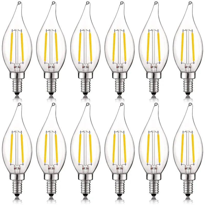 Luxrite 4W Vintage Candelabra LED Bulbs Dimmable, 400 Lumens, 40W Equivalent, Flame Tip Clear Glass, E12 Base (12 Pack)