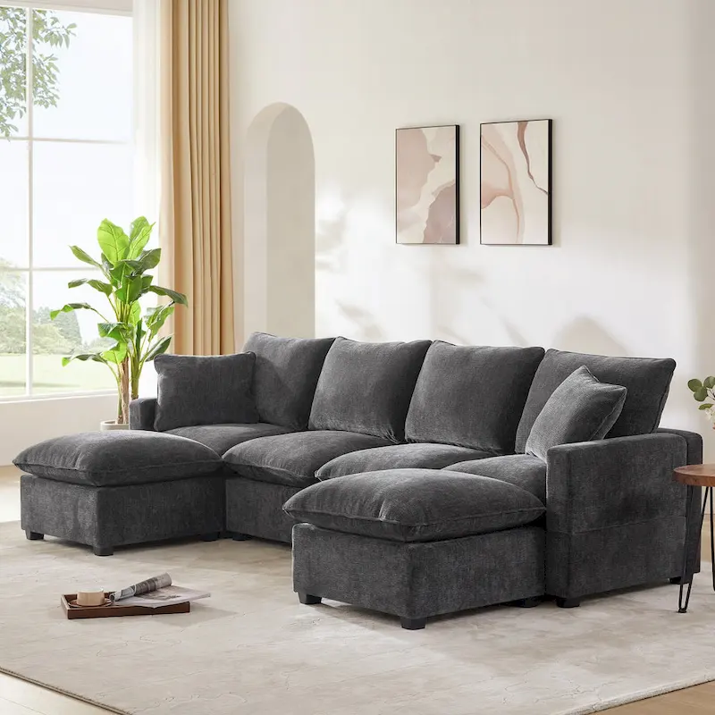 U Shape Modular Sofa, 6 Seat Chenille Deep Seat Sectional Couch