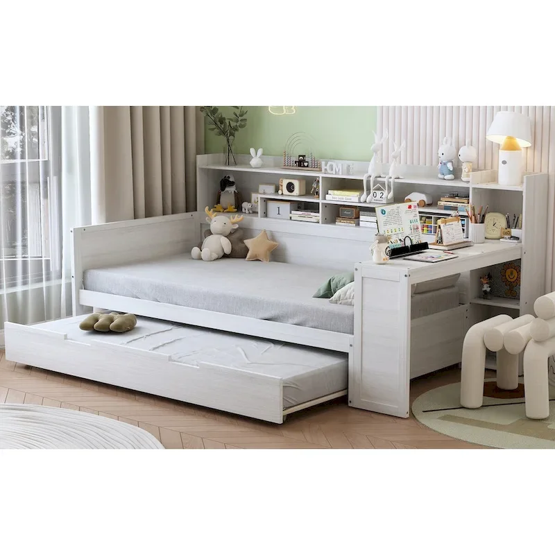 Twin Daybed with Shelves, Trundle & Desk