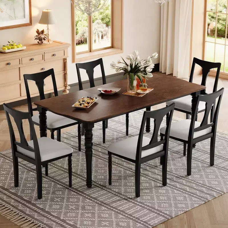 7-Piece Extendable Dining Table Set with 6 Upholstered Chairs, Removable Leaf, 60 to 78-Inch Table