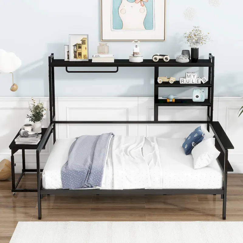 Metal Daybed with Movable Desk, Shelves and Clothes Hanger