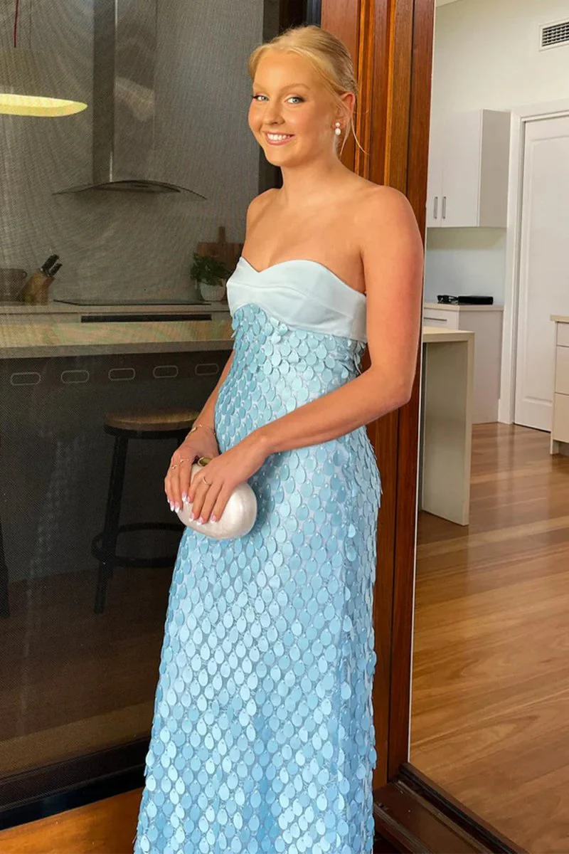 Blue - Sheath Strapless Long Prom Dresses with Sequins