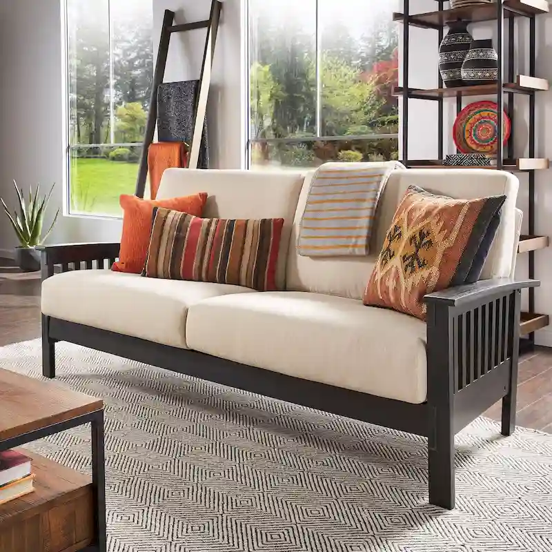 3-Seat Mission-Style Sofa – Rust / Olive / Dark Brown / Beige Linen