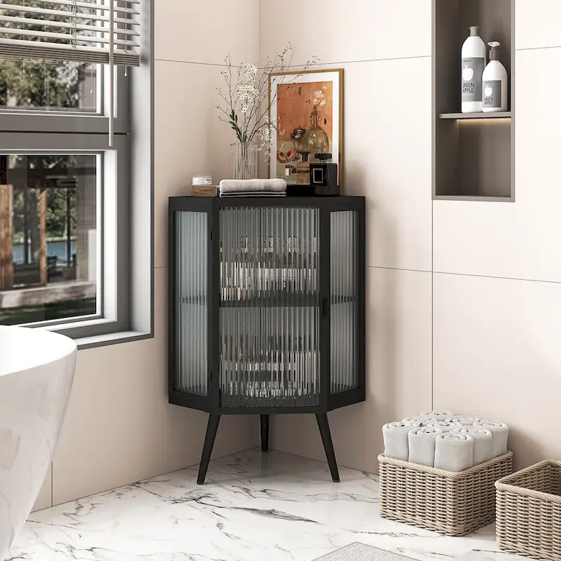 White & Black Corner Floor Cabinet with Tempered Glass Door, 1-Person