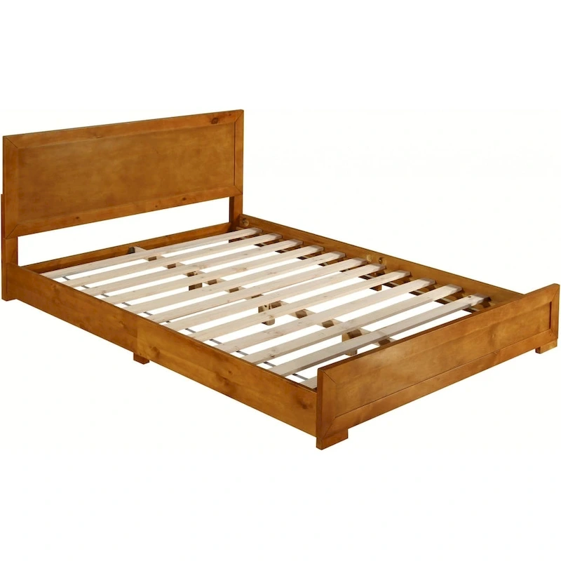 HomeRoots Oak Inlaid Panels Solid Wood King Bed Frame
