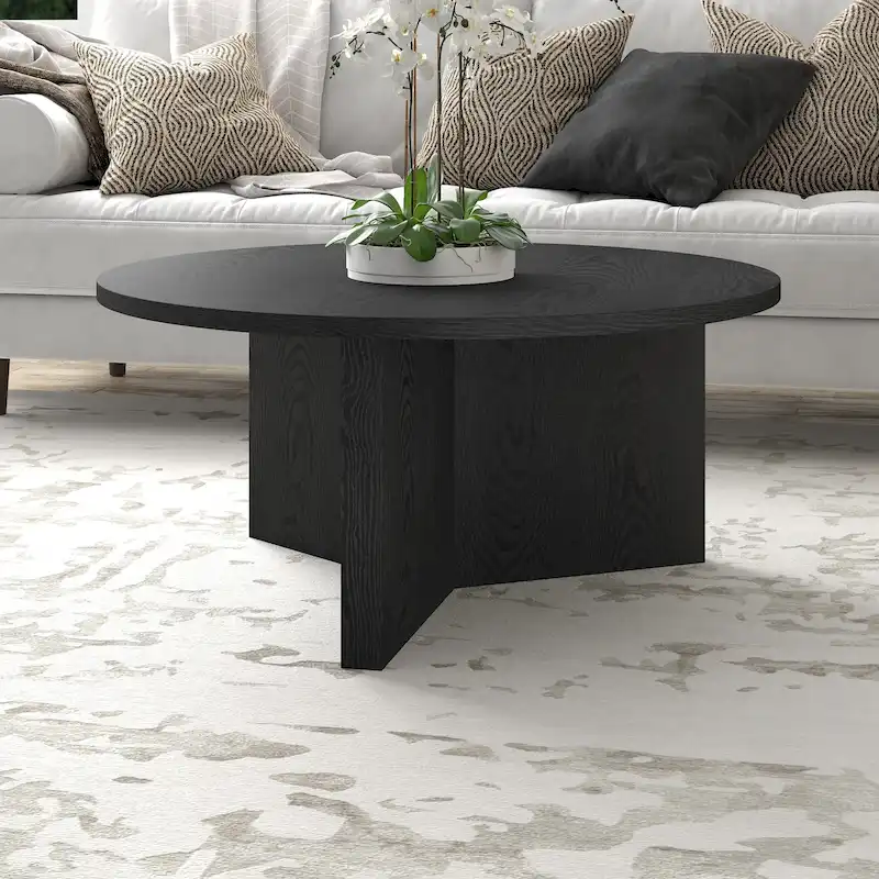 Round Coffee Table, Black Grain / Antiqued Gray Oak / Alder White, X-Base, 1-Person Use