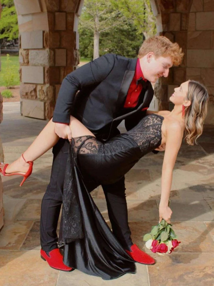 Mermaid Strapless Black Appliques Long Prom Dress with Slit