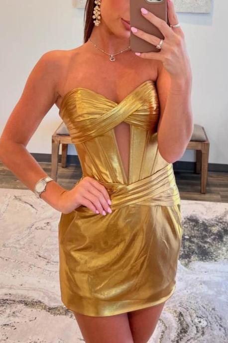 Strapless Metallic Royal Blue Keyhole Ruched Tight Homecoming Dress