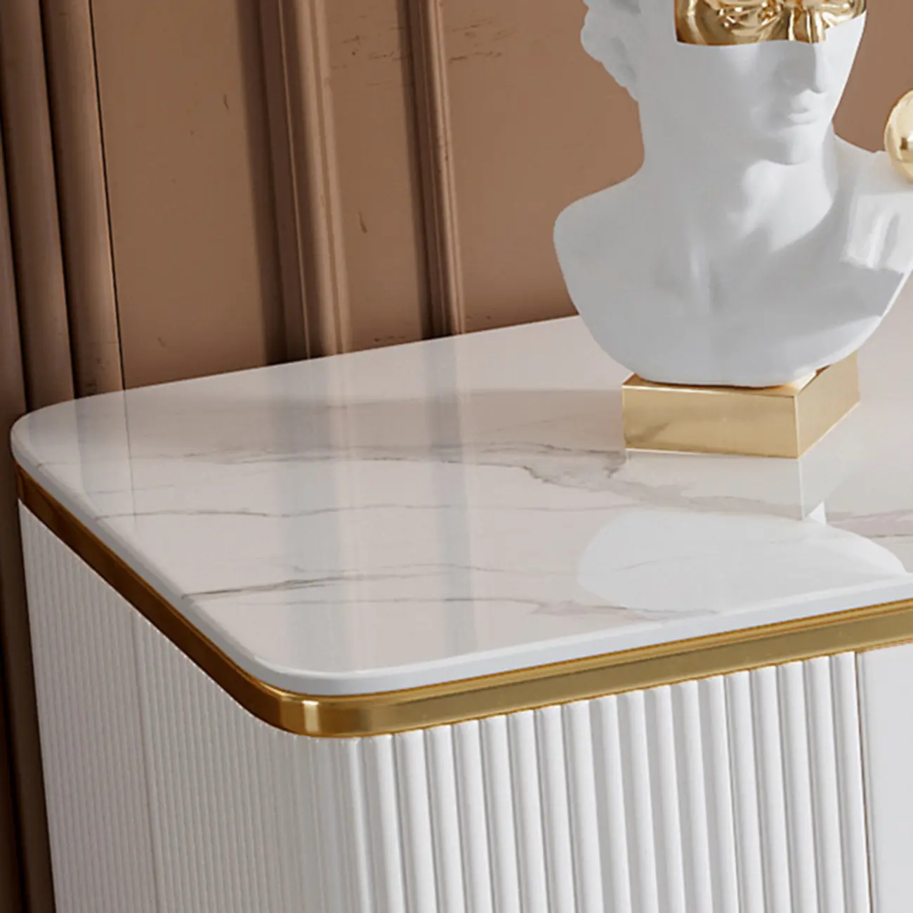 Glam Glossy White Stone TV Stand with Cable Management