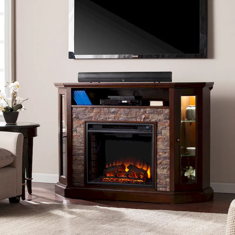 Hermon Faux Stone Electric Fireplace Corner Media TV Stand