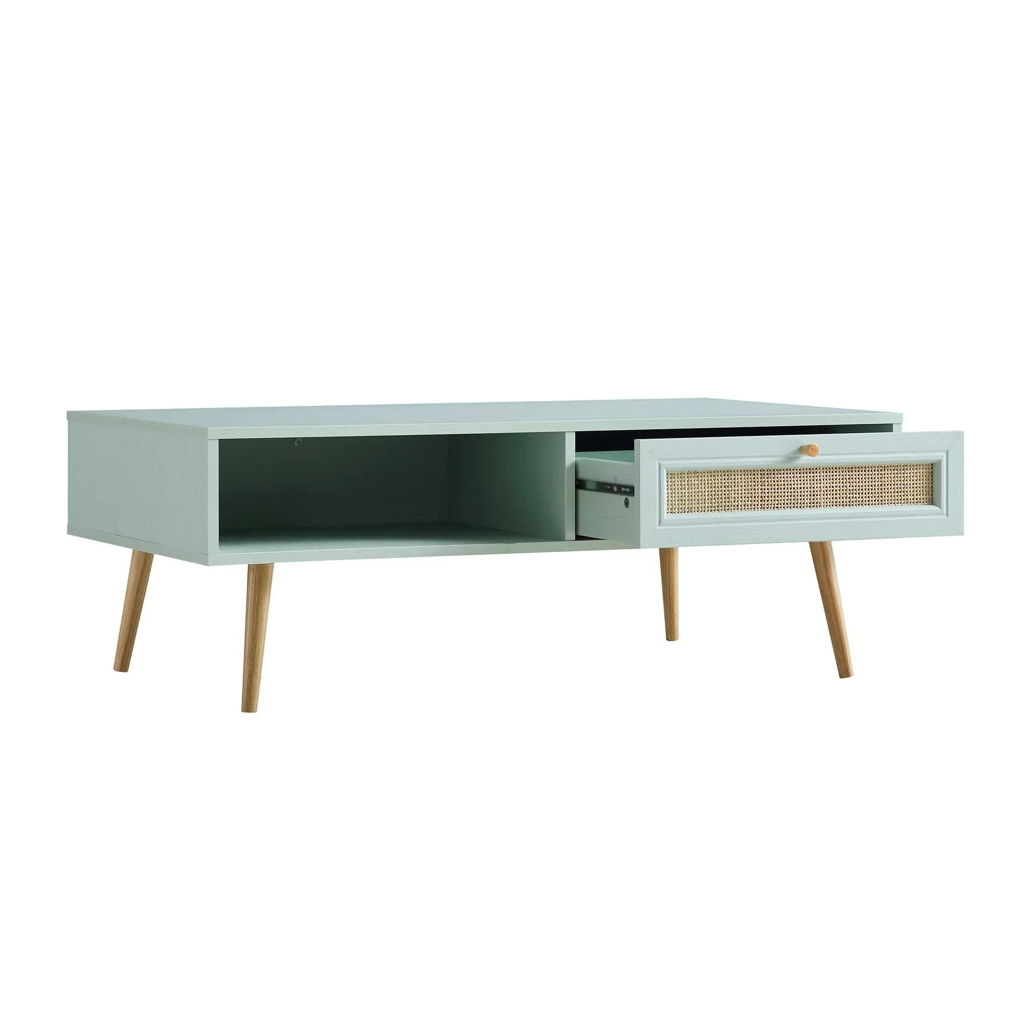 Woven Rattan Wooden Coffee Table in Mint