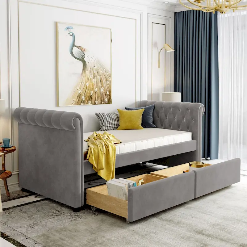 Beige / Grey Upholstered Twin Daybed with Drawers, Wood Slat Support, 1-Person