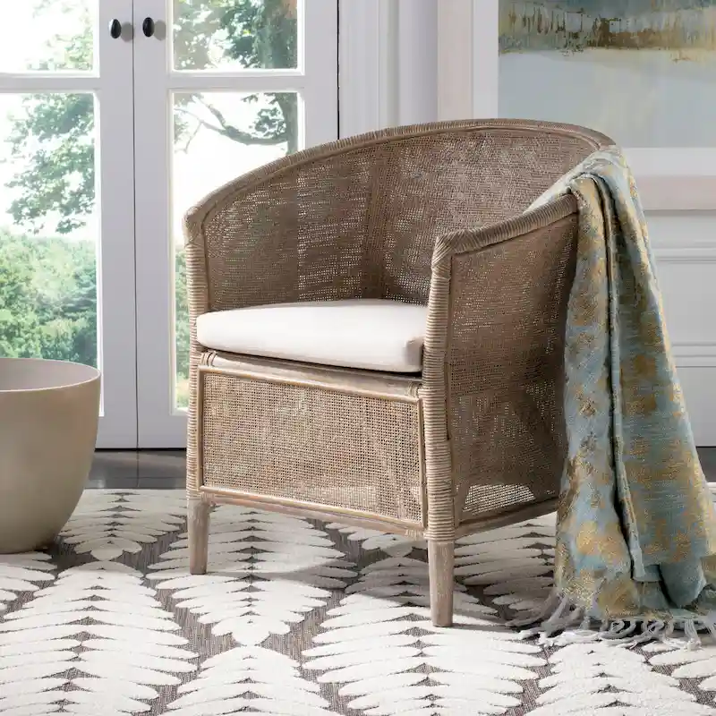 White Wash Rattan Armchair with White Cushion – 1-Seater