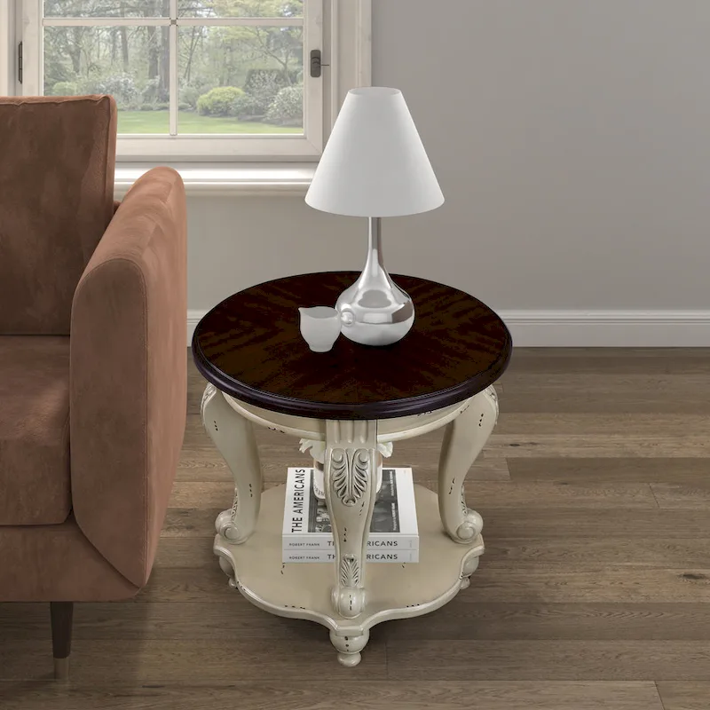 Round End Table with Lower Shelf and Cabriole Legs
