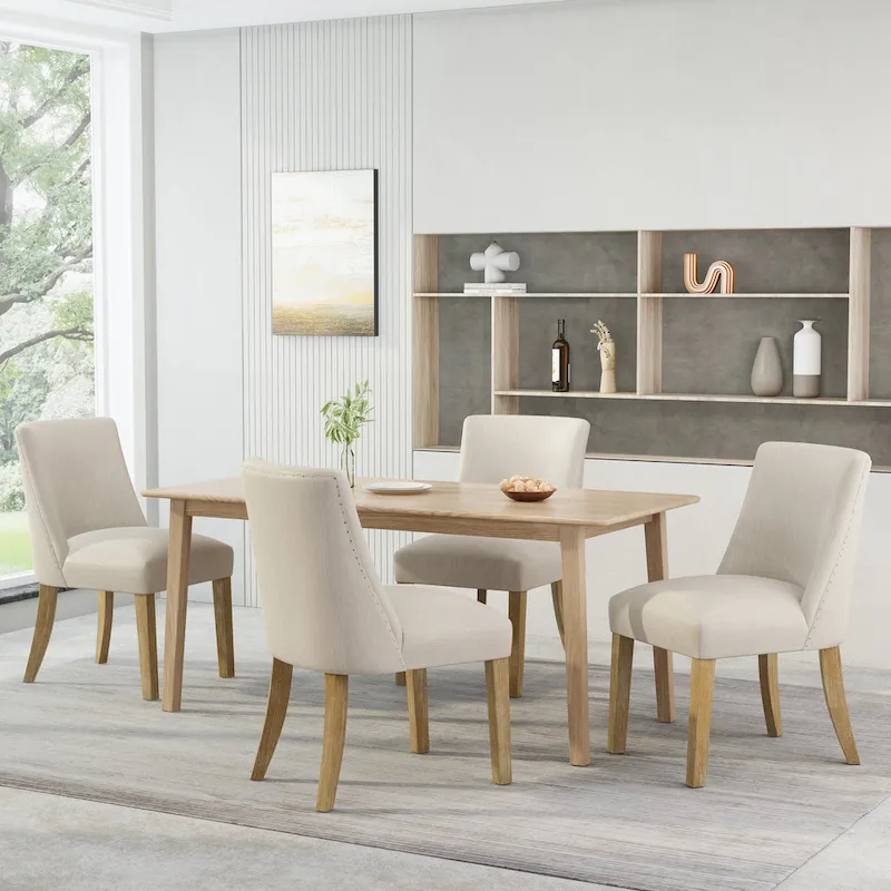Upholstered Dining Chair, Nailhead Trim, Tapered Wood Legs, Set of 4 – Natural + Charcoal/Beige/White+Blue