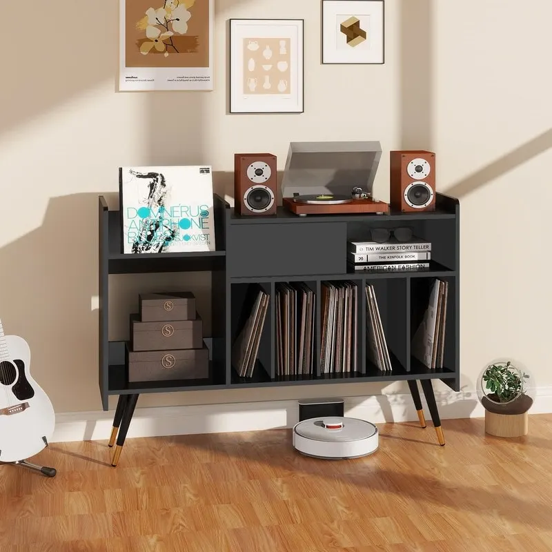Black MDF Record Player Stand with Vinyl Storage, 1-Person