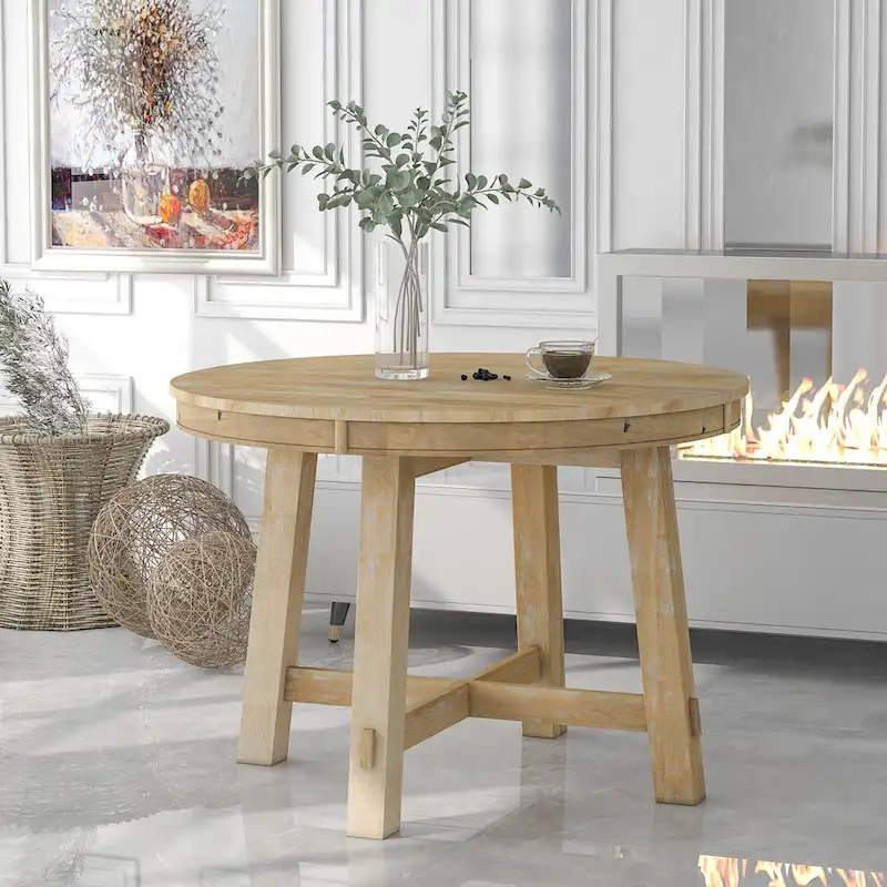 TREXM Farmhouse Round Extendable Dining Table with 16 Leaf Wood Kitchen Table