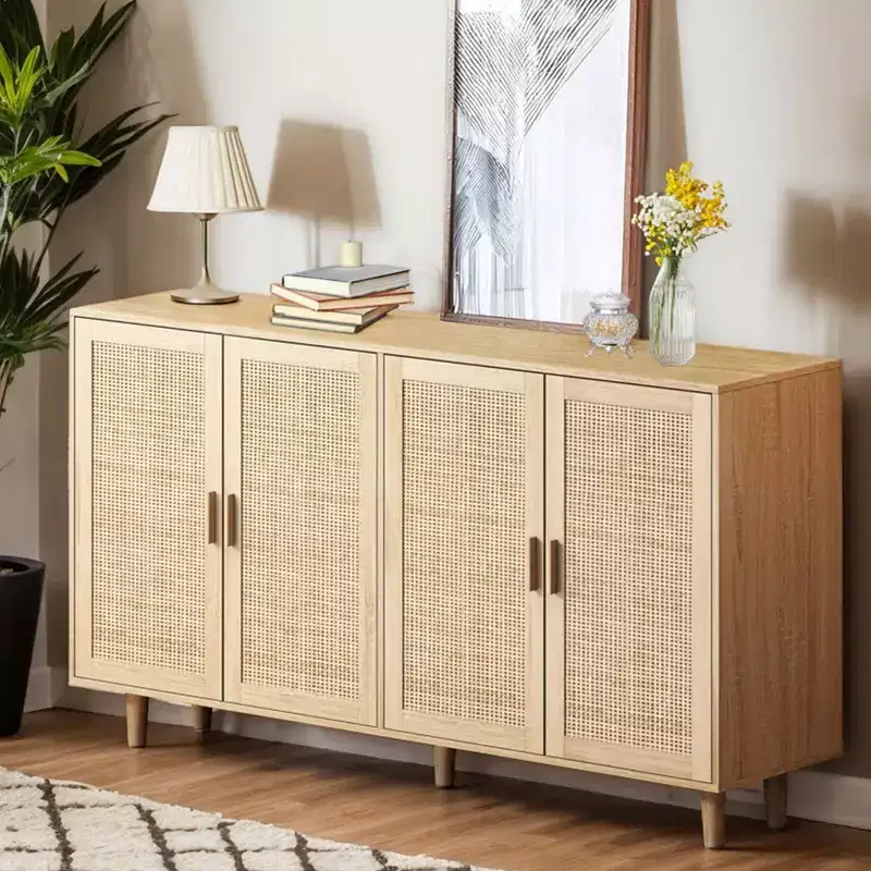 JVNOXK 62.20-inch Elegant and Practical Four-Door Rattan Decorative Storage Cabinet, Suitable for Bedrooms and Living Rooms, Natural Color