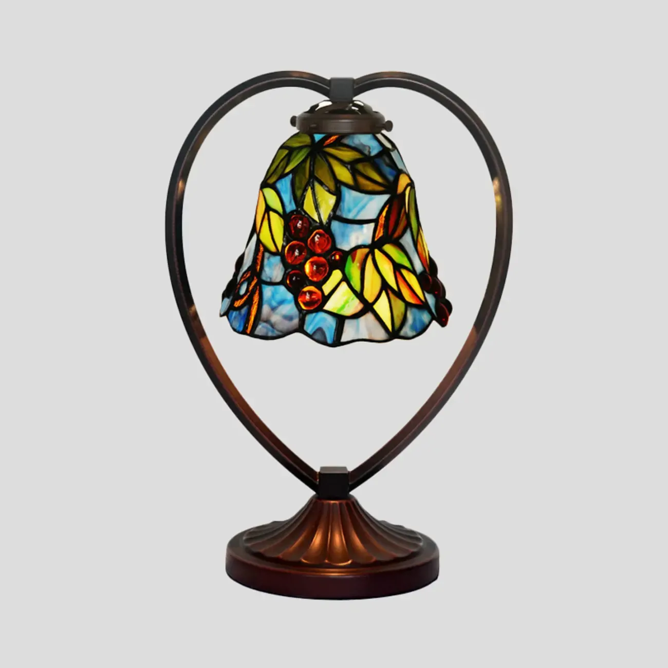 Vintage Stained Glass Heart Shape Table Lamp in Iron Base
