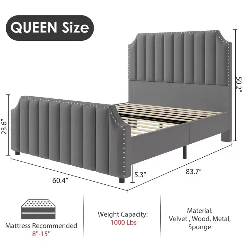 Bed Frame with 50.2 Headboard,Upholstered Platform Bed Frame with Vertical Channel Tufted