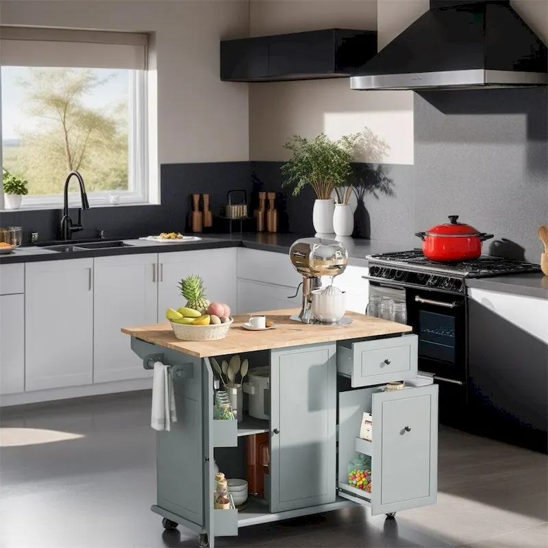 Rolling Kitchen Cart with Internal Storage Rack and Pull Out Cabinet - N/A