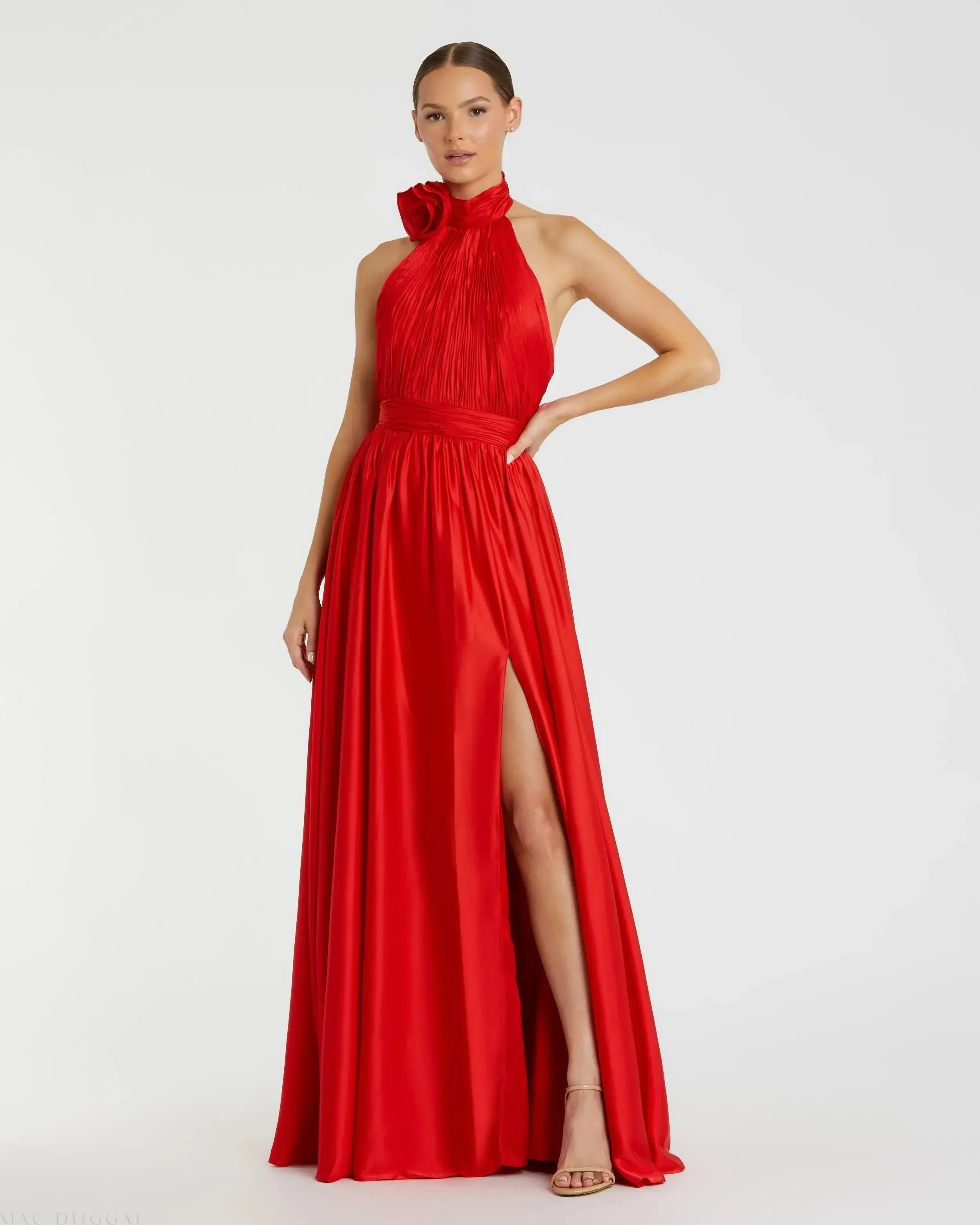 Red Soft Tie Halter Neck High Slit Gown