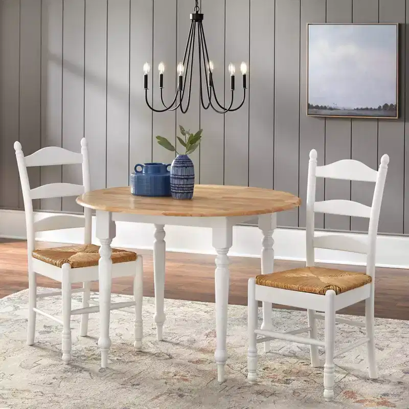 Buylateral 3pc Ladder Back Drop Leaf Dining Set Wood/White: Round Table, Two Chairs, Space-Saving Design
