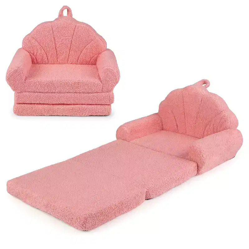 Costway Fold-out Kids Sofa 2-in-1 Convertible Toddler Couch & Lounger with Non-slip Base Beige/Green/Pink