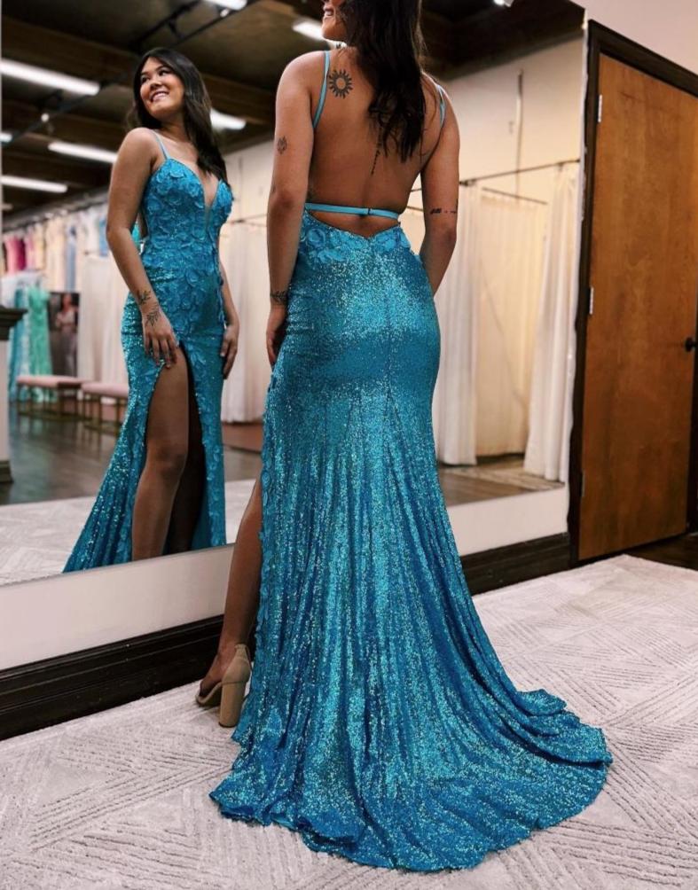 Mermaid V Neck Sequins Prom Dress with Slit