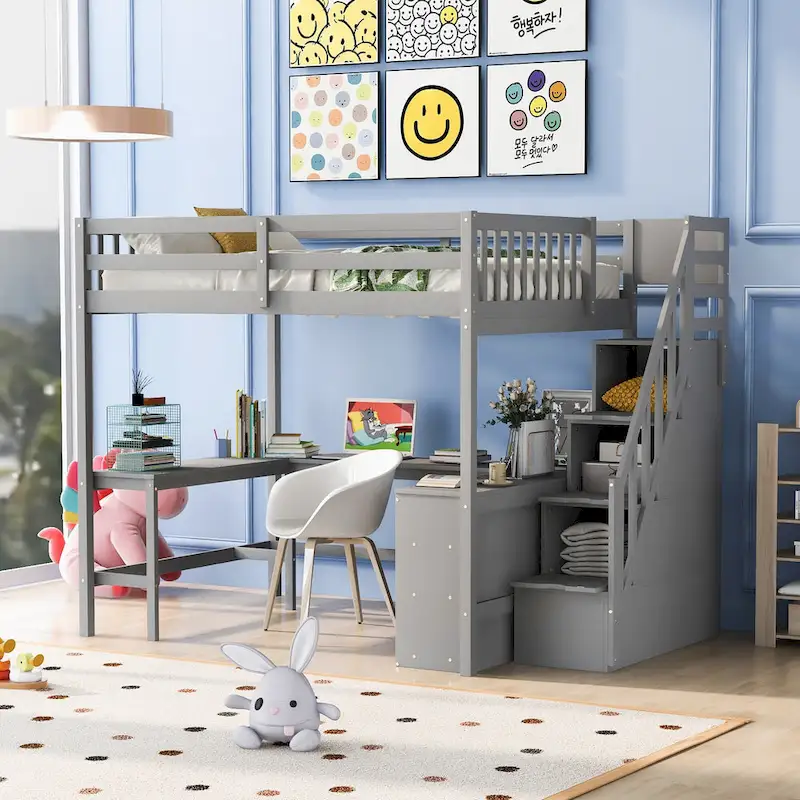 Full Size Loft Bed with Built-in L-Shaped Desk & Three-Tier Storage Shelves & Attached Storage Staircase, White