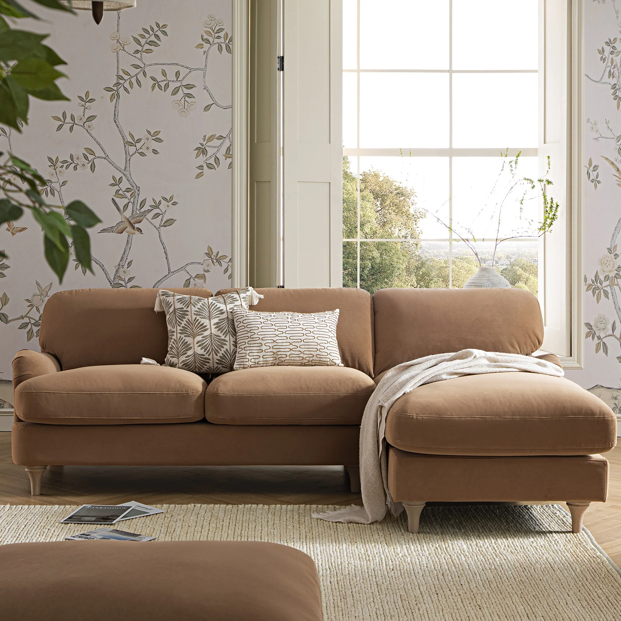 Camel Velvet Sofa, Grande Chaise Sofa Right Hand Facing