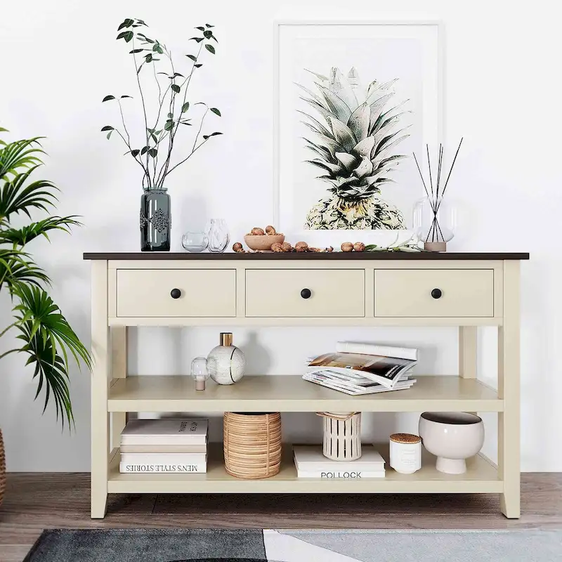 Beige/White/Navy Blue Retro Console Table, 3 Drawers & 2 Open Shelves