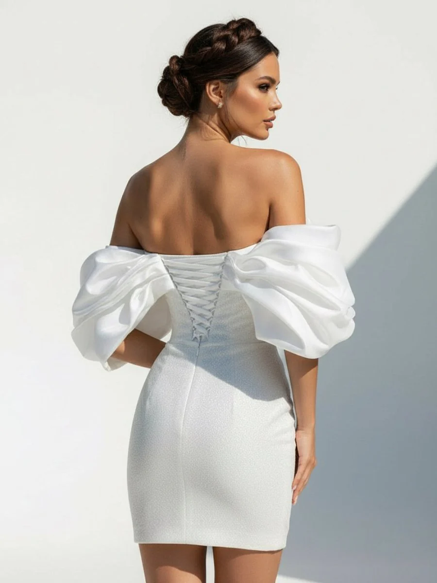 Sheath Glitter Short Off-the-Shoulder Wedding Dress With Lace-Up Back