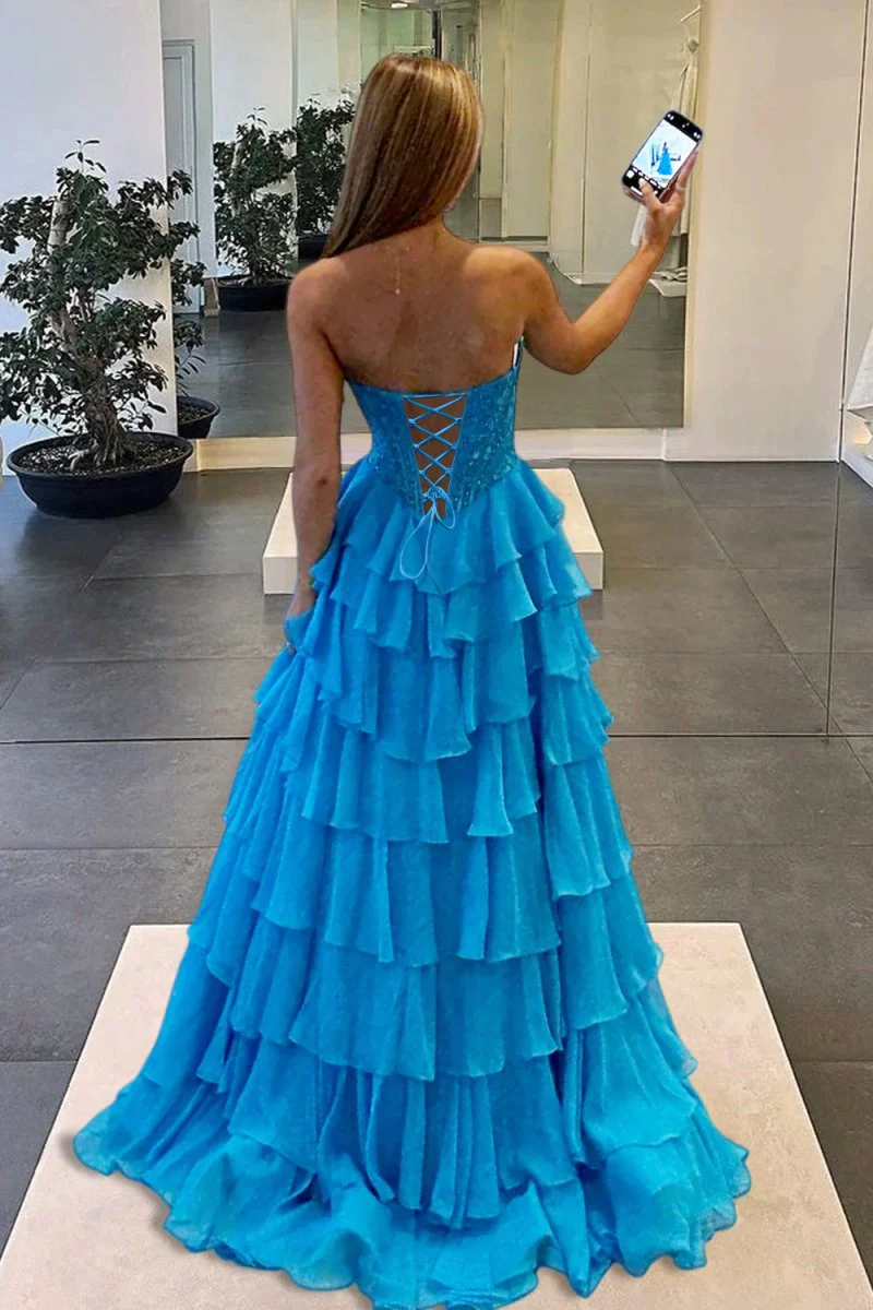 Azure - Strapless A Line Chiffon Ruffled Prom Dresses With Appliques