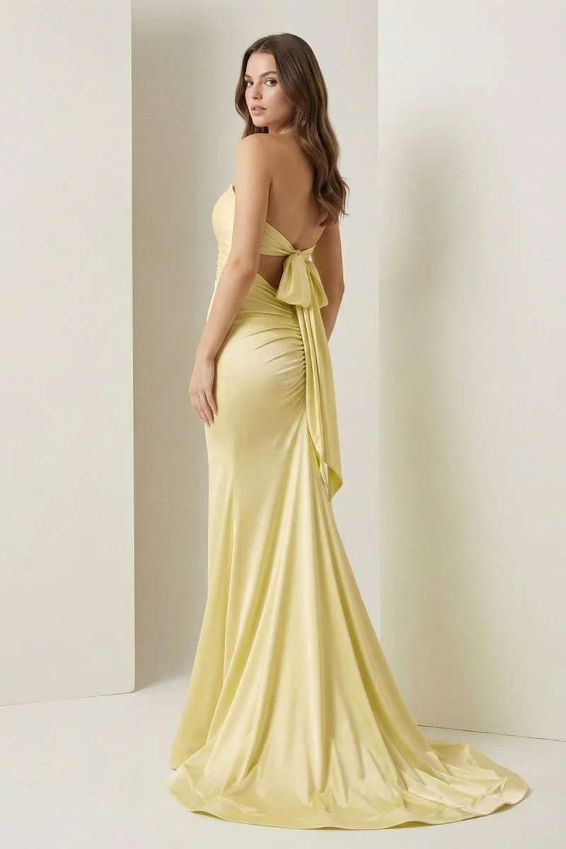 Yellow Strapless Mermaid Satin Formal Prom Dresses With Cutout