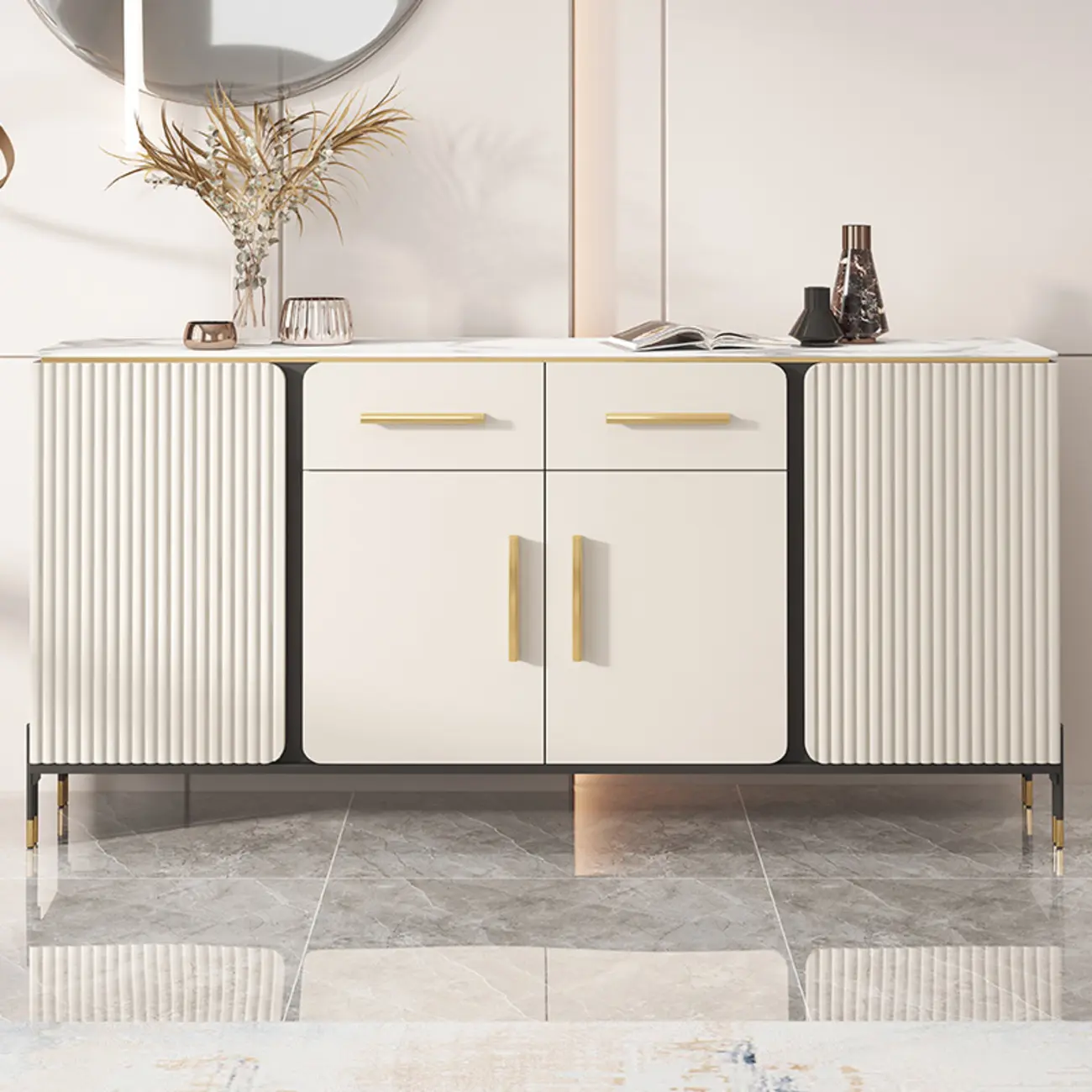 Glam White Sideboard with Stone Top and Drawers